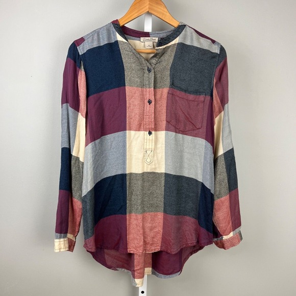 Lucky‎ Brand Plaid Popover Top Shirt Womens Medium Red Blue Ivory Rayon - Picture 1 of 6